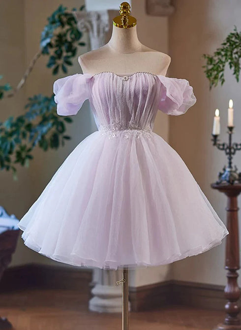 Cute Lavender Tulle Short Party Dress with Lace, Tulle Homecoming Dress
