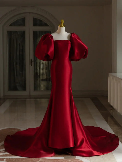 Wine Red Satin Puffy Short Sleeves Long Evening Dress, Wine Red Lovely Prom Dress