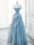 A-line Light Blue Tulle with Lace Floor Length Formal Dress, Light Blue Off Shoulder Prom Dress
