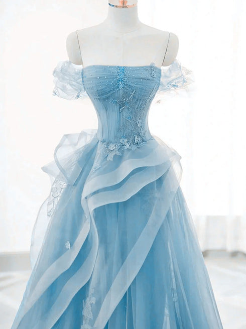 A-line Light Blue Tulle with Lace Floor Length Formal Dress, Light Blue Off Shoulder Prom Dress