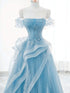 A-line Light Blue Tulle with Lace Floor Length Formal Dress, Light Blue Off Shoulder Prom Dress