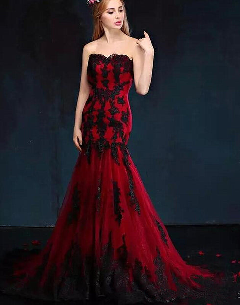 Wine Red Mermaid Long Party Dress with Black Lace, Mermaid Tulle Prom Dress