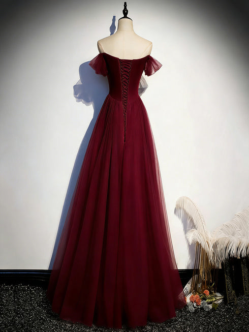 Wine Red Beaded Tulle A-line Prom Dress, Wine Red Off Shoulder Party Dress Evening Dress