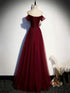Wine Red Beaded Tulle A-line Prom Dress, Wine Red Off Shoulder Party Dress Evening Dress
