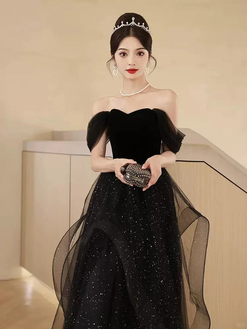 A-line Off Shoulder Black Sweetheart Party Dress, Black Tulle Chic Prom Dress Evening Dress