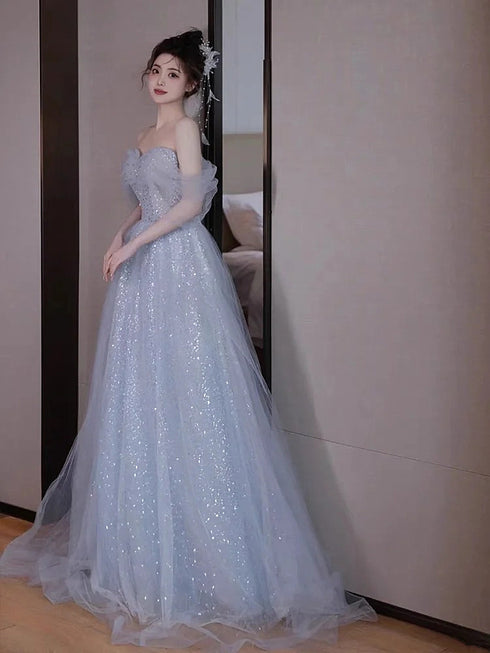 Light Blue Tulle and Sequins Off Shoulder Party Dress, Light Blue Floor Length Prom Dress