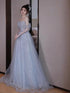 Light Blue Tulle and Sequins Off Shoulder Party Dress, Light Blue Floor Length Prom Dress