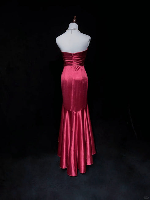 Wine Red Mermaid Strapless High Low Party Dress, Wine Red Prom Dress