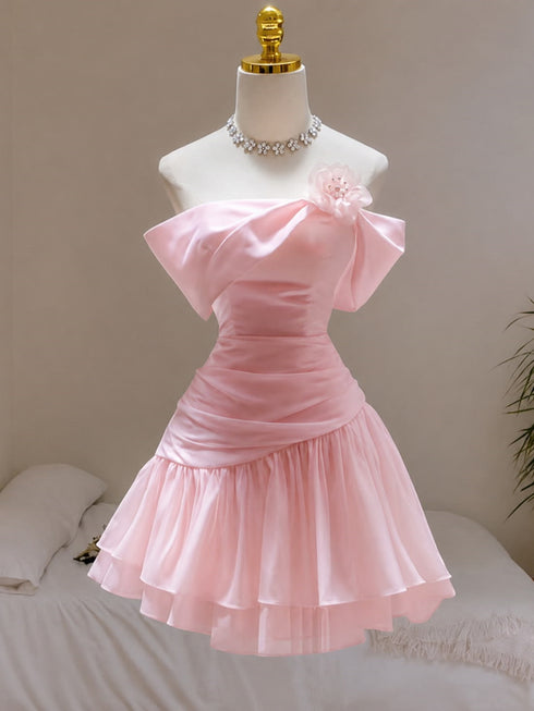 Cute Pink Off Shoulder Mini Homecoming Dress Party Dress, Pink Strapless Homecoming Dress