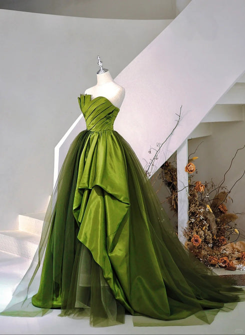 Green Satin and Tulle Sweetheart Long Party Dress, Green Prom Dress