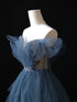 Glam Blue Layers Beaded Off Shoulder Prom Dress, Blue Tulle Long Evening Dress