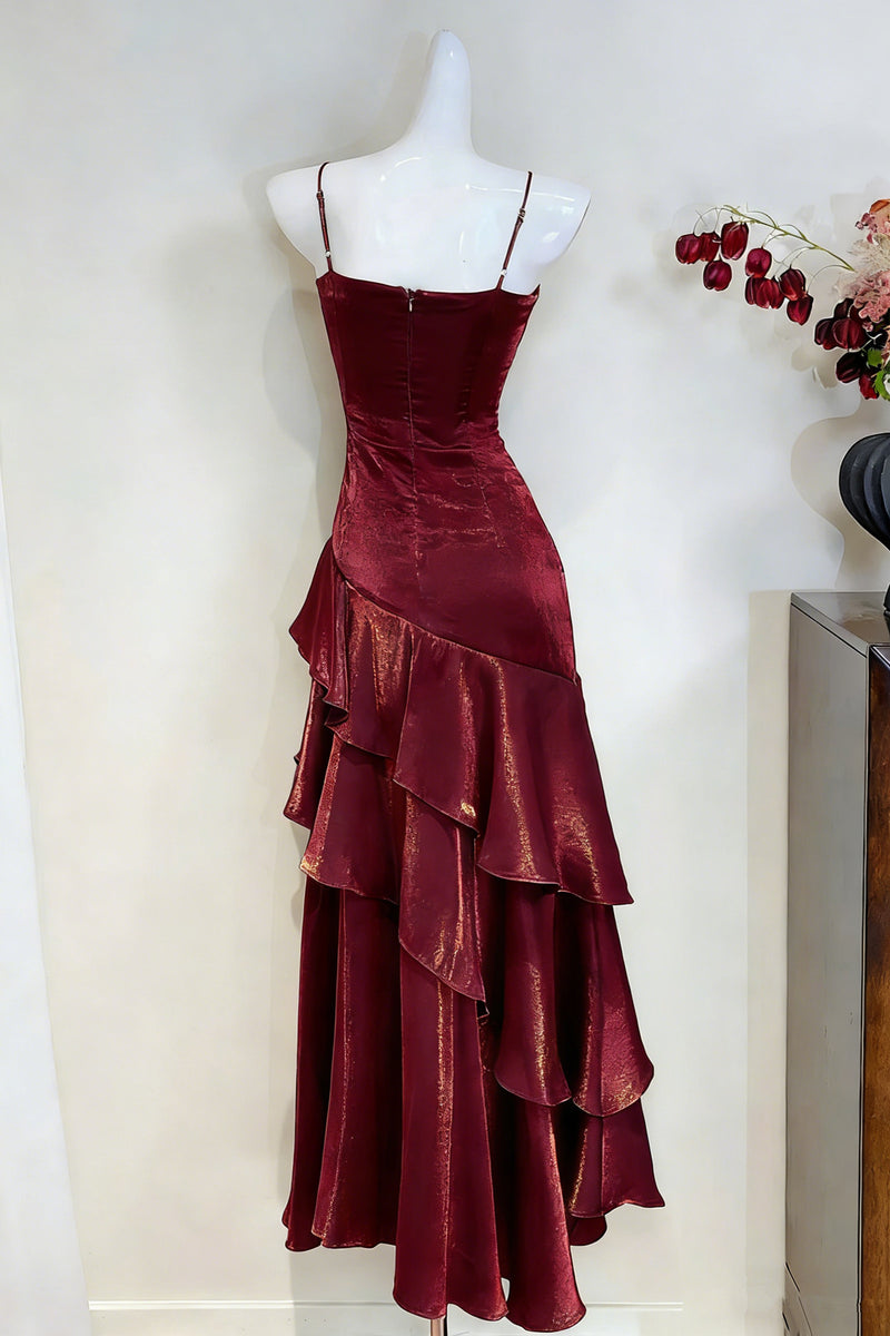 Burgundy Satin Ruched Prom Dress,Spaghetti Strap Tiered Evening Gown F