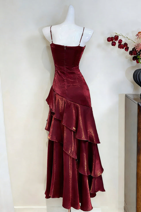 Burgundy Satin Ruched Prom Dress,Spaghetti Strap Tiered Evening Gown Formal Dress