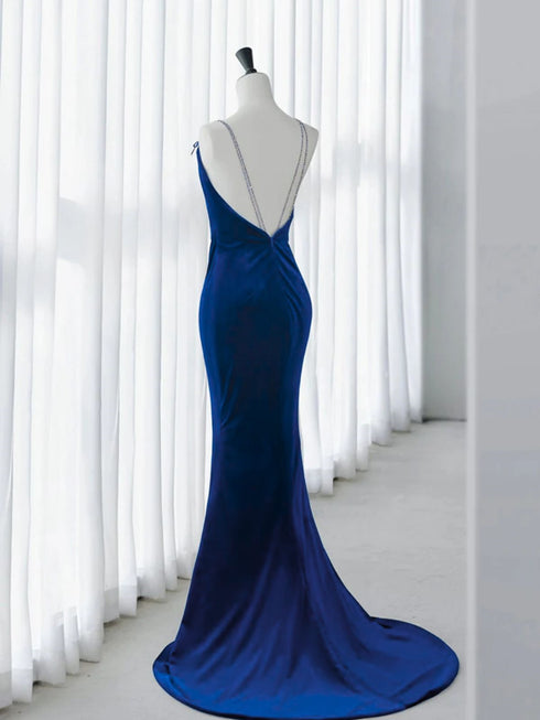 Royal Blue Backless Mermarid Long Velvet Party Dress, Royal Blue Prom Dress