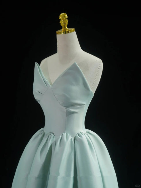 Blue A-line V-neckline Strapless Long Evening Dress, Black Satin Prom Dress