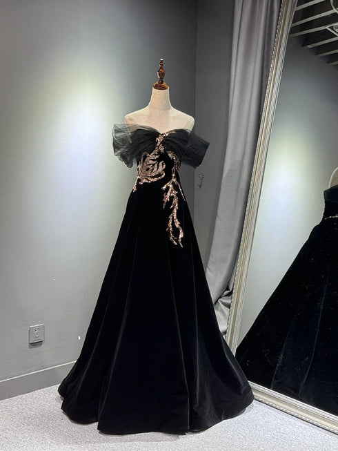 Off Shoulder Tulle and Velvet Black Party Dress, Black A-line Floor Length Prom Dress