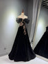 Off Shoulder Tulle and Velvet Black Party Dress, Black A-line Floor Length Prom Dress