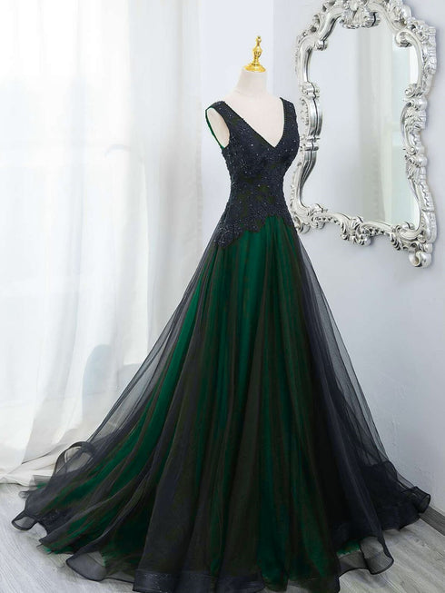 Elegant Black and Green V-neckline Tulle Party Dress, Black and Green Lace Prom Dress