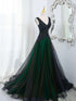 Elegant Black and Green V-neckline Tulle Party Dress, Black and Green Lace Prom Dress