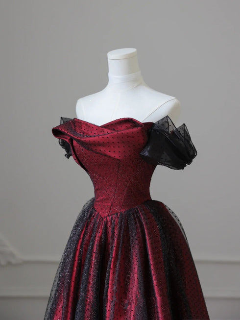 Charming Black and Red Off Shoulder A-line Prom Dress, Long Party Dress