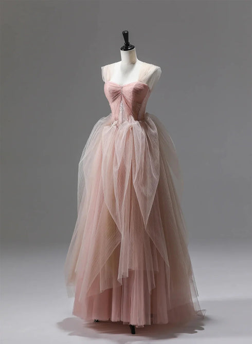 Pink Tulle Beaded Long Party Dress Prom Dress, Pink Floor Length Formal Dress