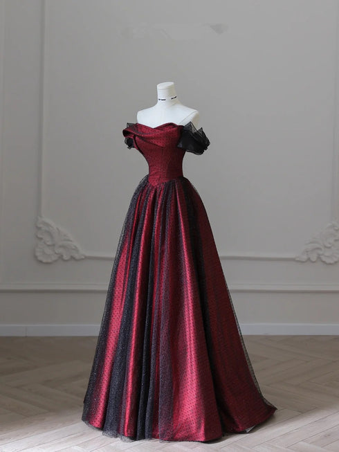 Charming Black and Red Off Shoulder A-line Prom Dress, Long Party Dress