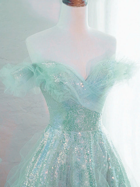 A-line Mint Green Tulle and Sequins Long Prom Dress, Mint Green Tulle Evening Dress