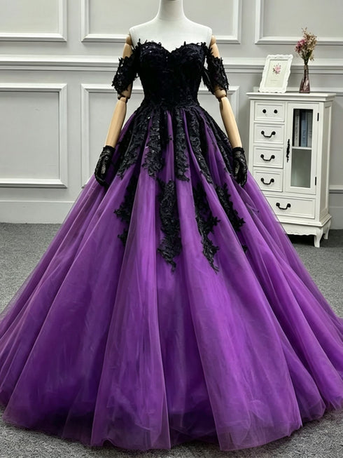Gothic Black and Purple Off Shoulder Lace Applique Prom Gown, Black and Purple Sweet 16 Dress
