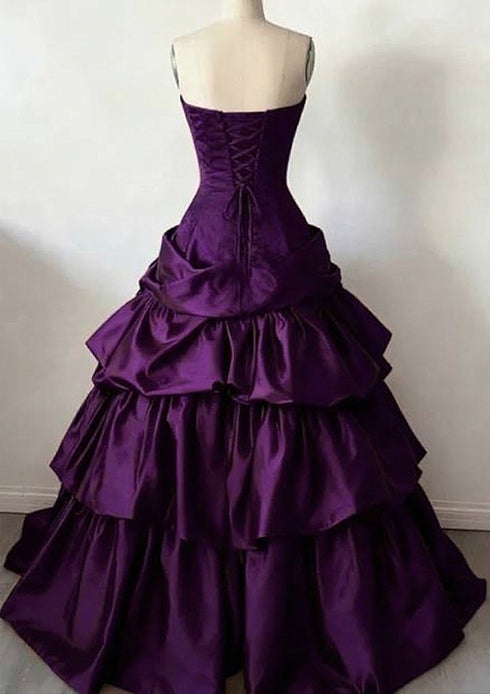 Purple Strapless Tiered Satin Prom Dress, Ruffle Ball Gown Long Party Dress Evening Gown