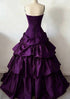 Purple Strapless Tiered Satin Prom Dress, Ruffle Ball Gown Long Party Dress Evening Gown