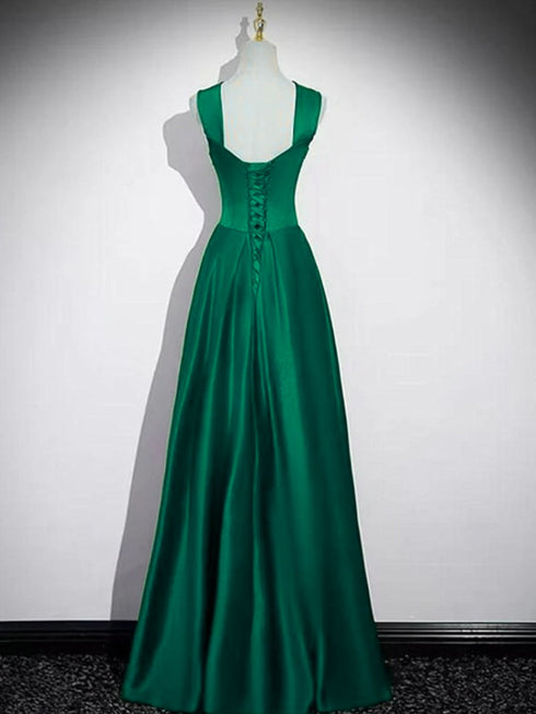 Green Satin A-line Floor Length Sweetheart Prom Dress, Green Satin Evening Dress