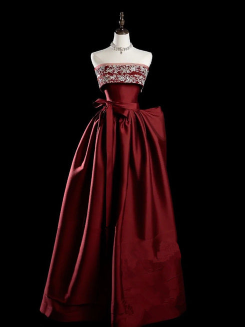 Wine Red Satin Long Formal Dress, Strapless Wine Red A-line Prom Dress