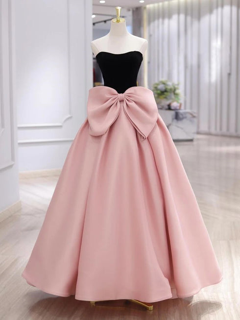 Pink and Black Scoop A-line Prom Dress with Bow, Long Evening Dress Party Dress