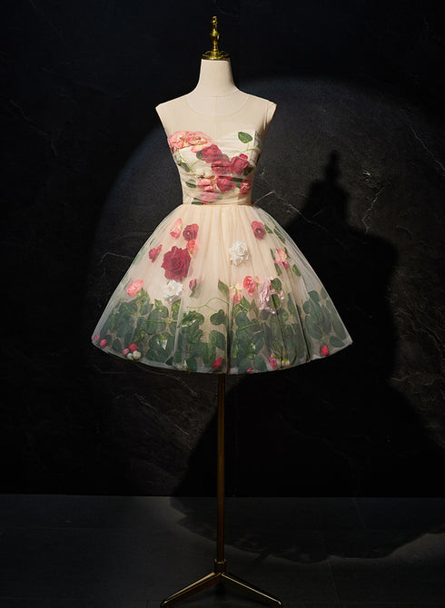 Cute Flowers Round Neckline Light Champagne Party Dress, Short Cute Prom Dress