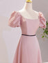 Pink A-line Short Sleeves Floor Length Party Dress, Pink Satin Prom Dress