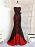 Black And Red Satin With Lace Mermaid Prom Dress, Gothic Long Party Dress