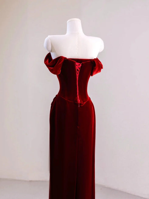 Wine Red Mermaid Off Shoulder Velvet Party Dress, Wine Red Long Prom Dress