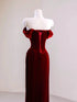 Wine Red Mermaid Off Shoulder Velvet Party Dress, Wine Red Long Prom Dress