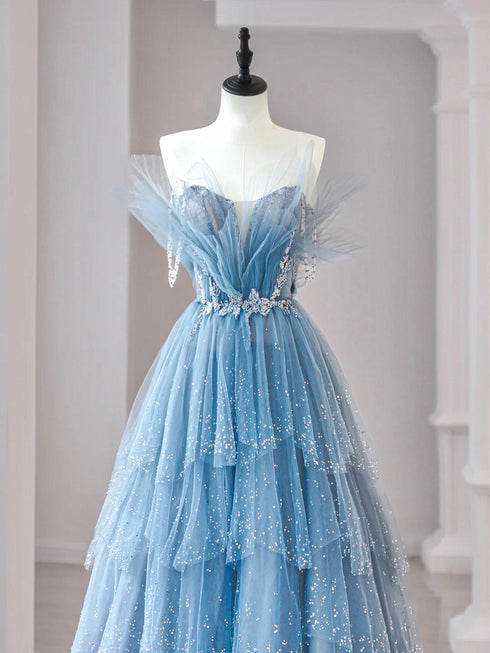 Light Blue Layers Tulle Straps Beaded Party Dress, Light Blue Tulle Prom Dress