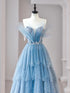 Light Blue Layers Tulle Straps Beaded Party Dress, Light Blue Tulle Prom Dress