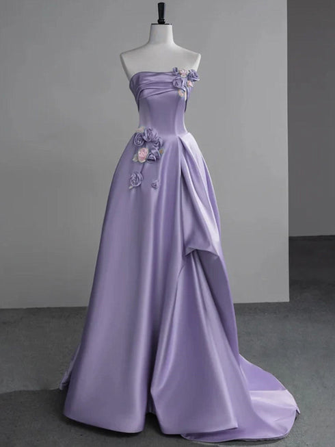 Lovely Purple A-Line Satin Simple Party Dress Prom Dress, Purple Satin Evening Dress