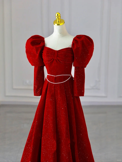 Wine Red Velvet Long Sleeves A-line Party Dress, Wine Red Velvet Prom Dress Party Dress