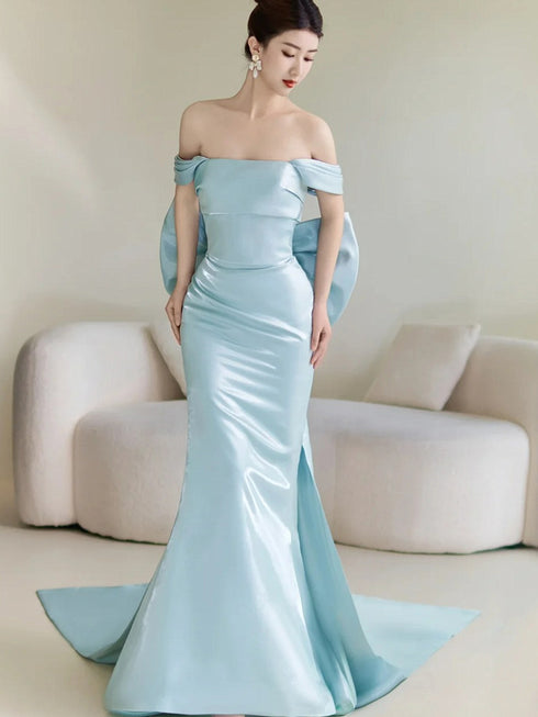 Blue Satin Off Shoulder Mermaid Long Formal Dress with Bow, Blue Long Prom Dress