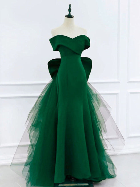Green Sweetheart Satin and Tulle Party Dress, Green Off Shoulder Prom Dress