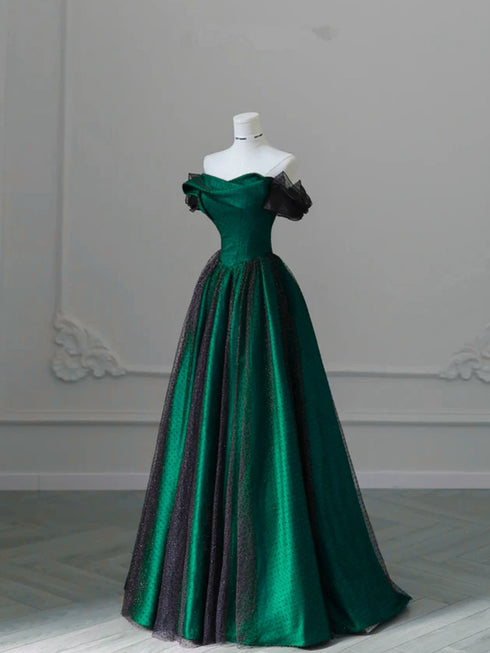 Black And Green Strapless A-Line Party Dress, Tulle And Satin Prom Dress Evening Dress