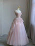 Pink Straps A-line Tulle and Lace Long Formal Dress, Pink Tulle Floor Length Prom Dress