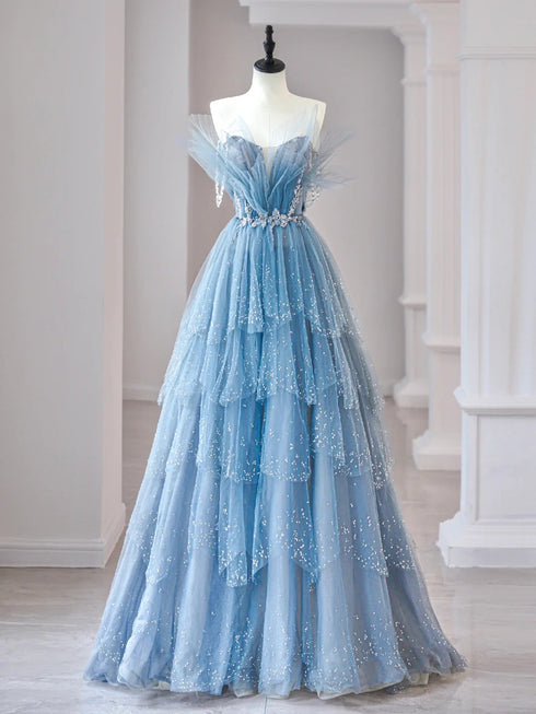 Light Blue Layers Tulle Straps Beaded Party Dress, Light Blue Tulle Prom Dress