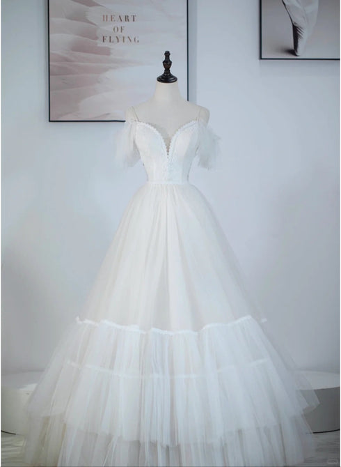 A-line Ivory Tulle V-neckline Straps Off Shoulder Party Dress, A-line Tulle Eveing Dress