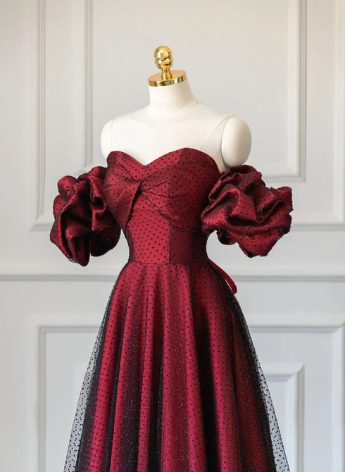 Wine Red Off Shoulder Long Formal Dress, Sweetheart Wine Red Formal Dress