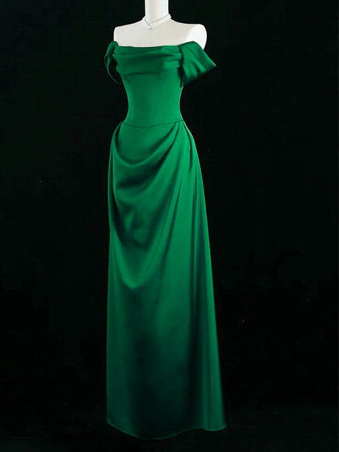 Green Off Shoulder A-line Floor Length Formal Dress, Green Satin Prom Dress Evening Dress